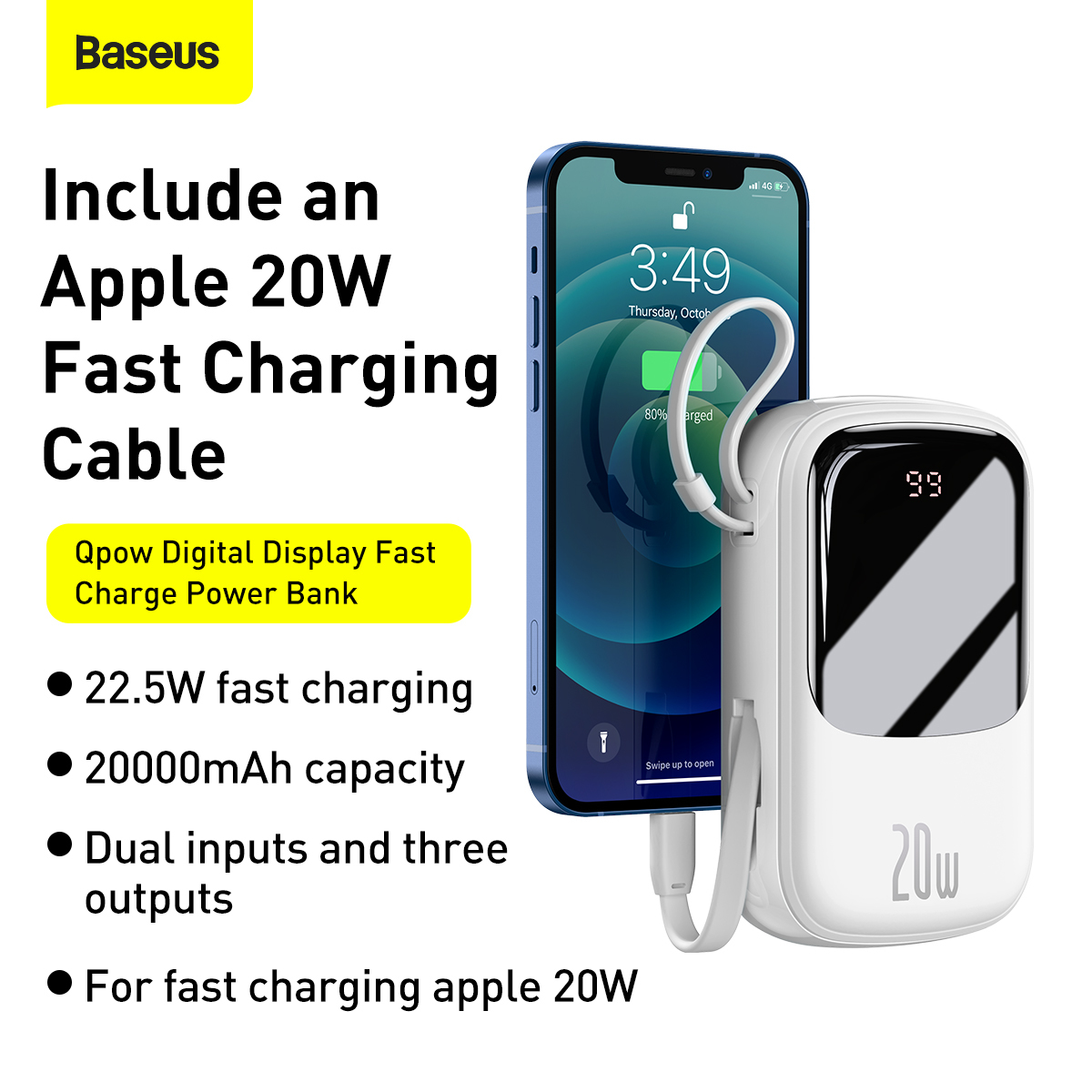 Baseus Power Bank 20000mAh Qpow - USB + Type C - PD 3.0 QC 3.0 20W with Lightning cable (PPQD-H02) white - Toptel Akcesoria GSM