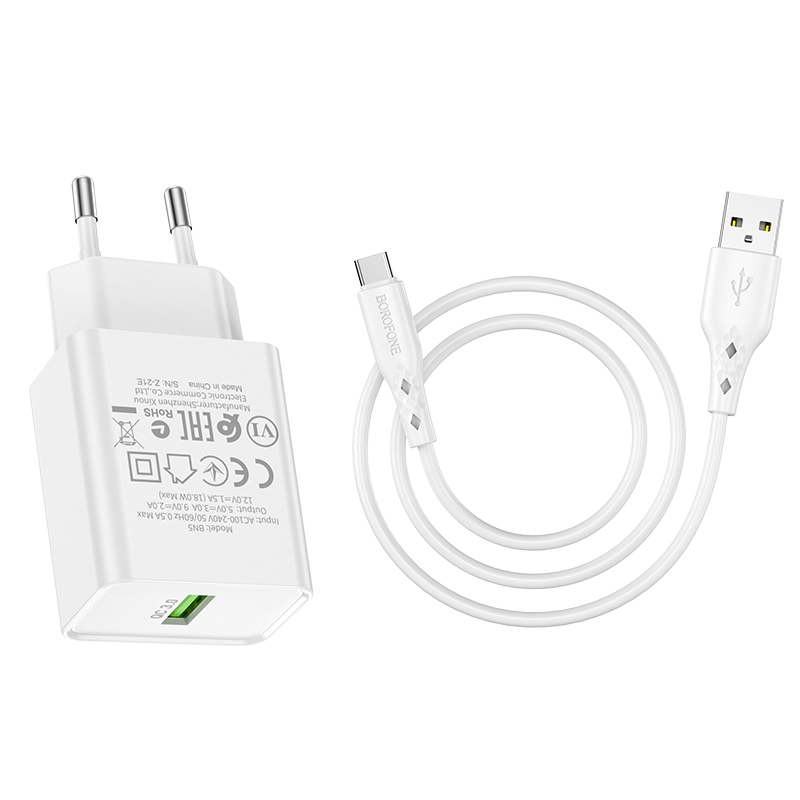 Borofone síťová nabíječka BN5 Sunlight - USB - QC 3.0 18W with USB to USB-C cable , barva bílá