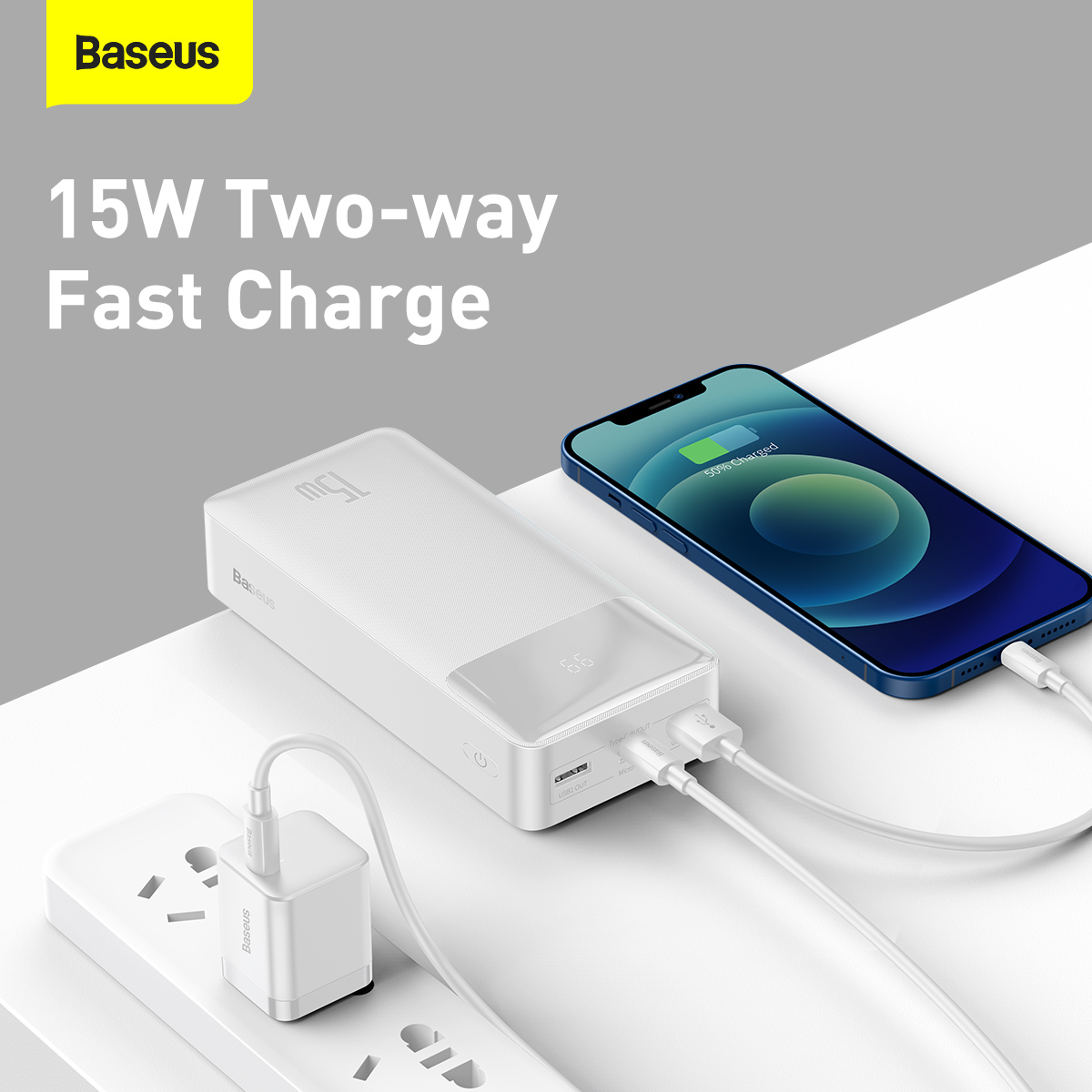 Baseus Power Bank 30000mAh Bipow - 2xUSB + Type C - PD 3.0 QC 3.0 15W  (PPDML-K02) white - Toptel Akcesoria GSM