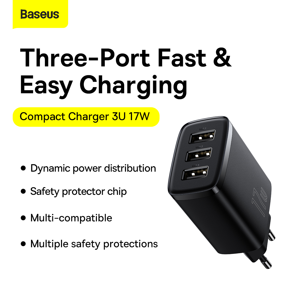 Baseus Ładowarka sieciowa Compact - 3xUSB - 17W (CCXJ020101) czarna