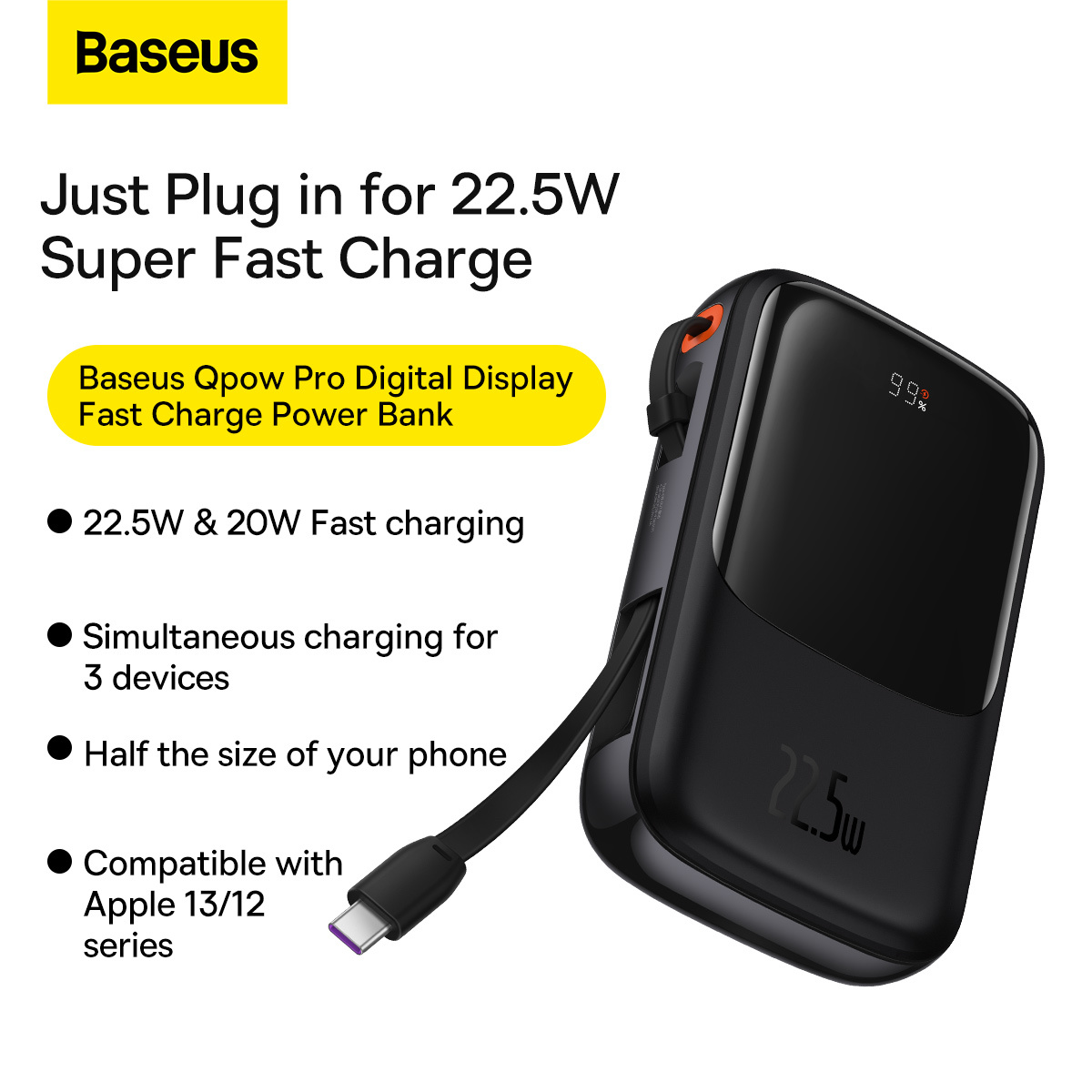 Basics 10000mAh 22.5W Lithium-Polymer Power Bank | Dual Input,  Triple Output | Fast Charging, Black, Type-C Cable Included