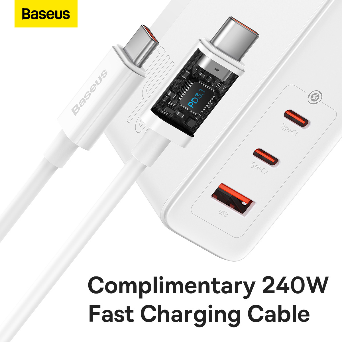 Chargeur Secteur 2x USB-C + 1x USB-A 140W GaN5 Pro Baseus + Câble