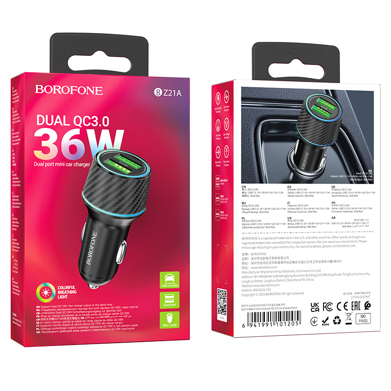 Borofone Car charger BZ21A Brilliant - 2xUSB - QC 3.0 36W black 