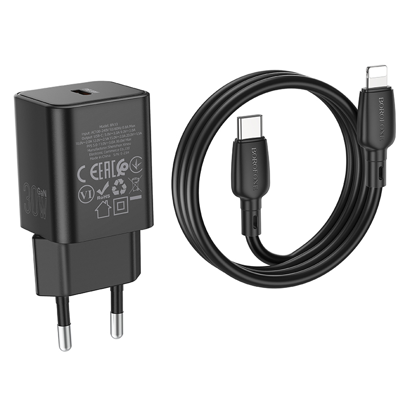 Borofone síťová nabíječka BN13 Safety GaN - USB-C - PD 30W with USB-C to Lightning kabel černý