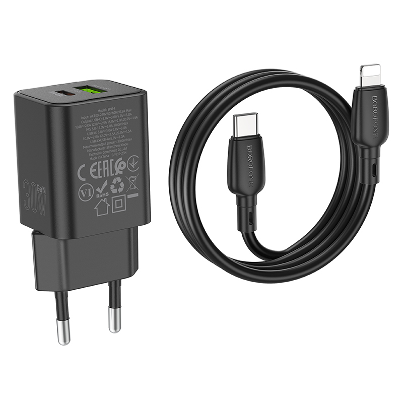 Borofone síťová nabíječka BN14 Royal GaN - USB + USB-C - QC 3.0 PD 30W with USB-C to Lightning kabel černý