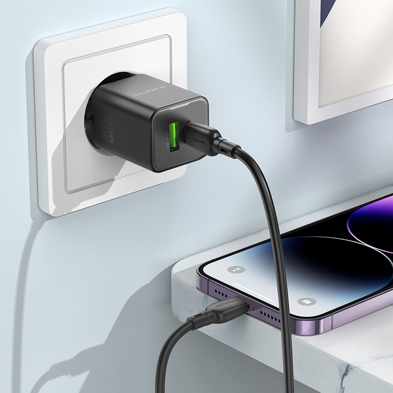 Borofone síťová nabíječka BN14 Royal GaN - USB + USB-C - QC 3.0 PD 30W with USB-C to Lightning kabel černý