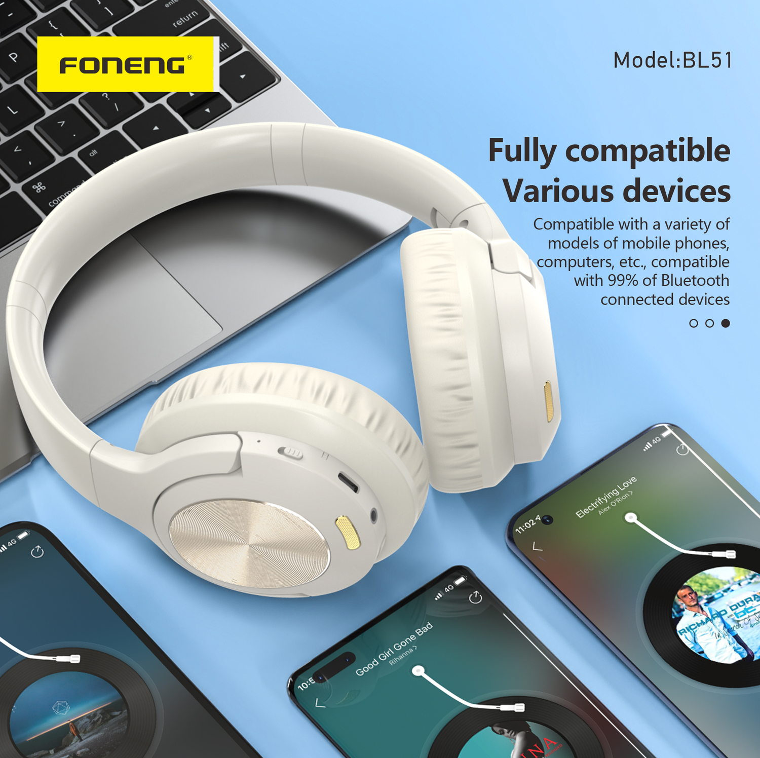 Foneng Słuchawki bluetooth BL51 (ANC + ENC) beżowe