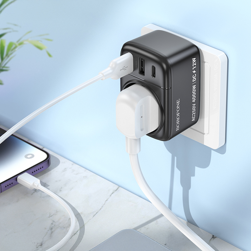 Borofone síťová nabíječka BAC14 Wide - 2xUSB + USB-C + outlet - 12W , barva černá