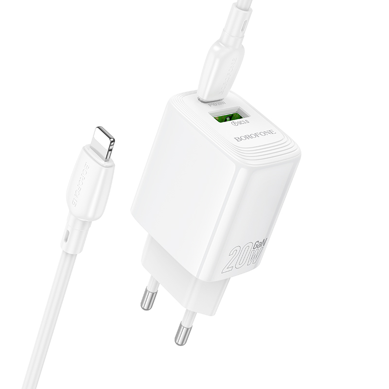 Borofone síťová nabíječka BN27 Fuente - USB + USB-C - QC 3.0 PD 20W with USB-C to Lightning kabel bílý