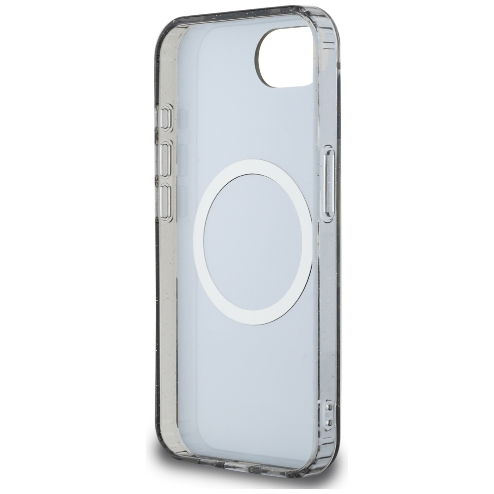 Originální kryt GUESS IML Metal Glitter Flowers Triangle MagSafe for Apple iPhone 17e/16e , barva černá