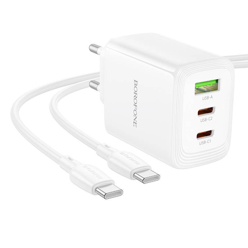Borofone síťová nabíječka BN32 Cargador GaN - USB + 2xUSB-C - QC 3.0 PD 65W with USB-C to USB-C , barva bílá