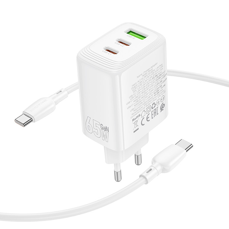Borofone síťová nabíječka BN32 Cargador GaN - USB + 2xUSB-C - QC 3.0 PD 65W with USB-C to USB-C , barva bílá