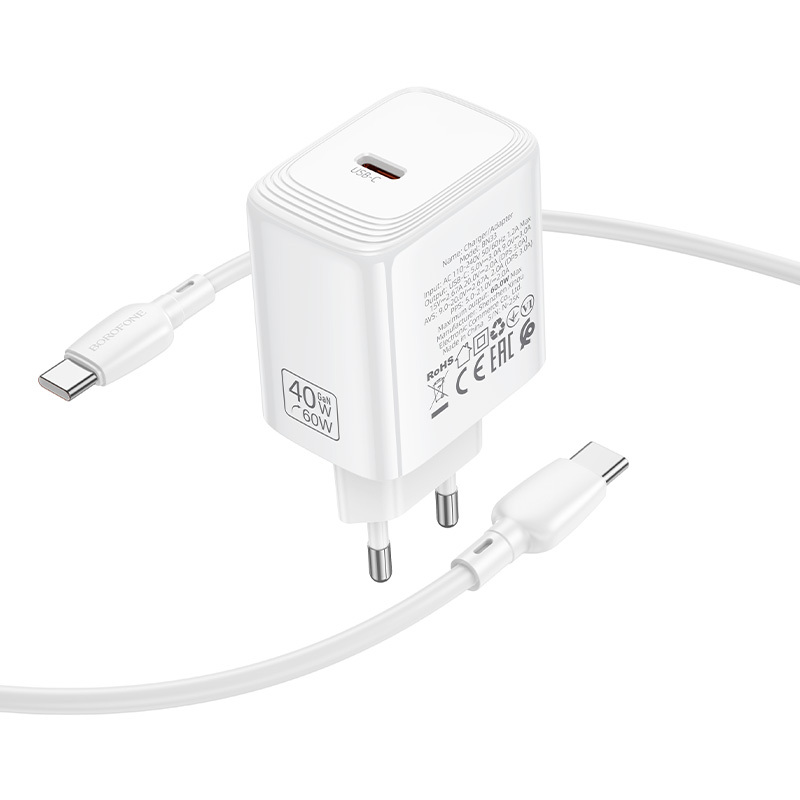 Borofone Ladowarka sieciowa BN33 Fuente GaN Typ C - QC3.0 PD 40W with cable USB-C to USB-C , barva bílá