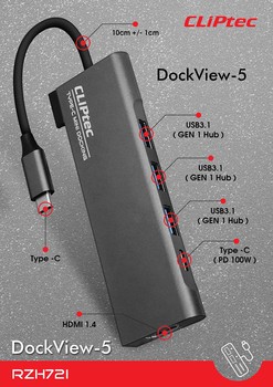 Cliptec Adapter HUB - Typ C na 3xUSB 3.1 + Typ C + HDMI - DockView-5 RZH721 szary
