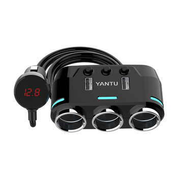 Rozdzielacz gniazda zapalniczki B39 Typ C - 3 gniazda + 2xUSB - 2,1A 100W z wyświetlaczem i kablem
