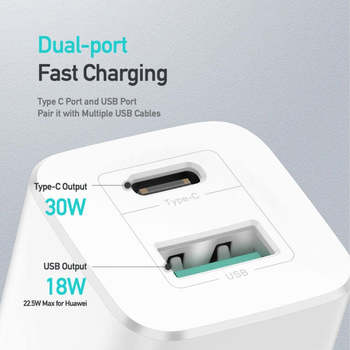 Ładowarka sieciowa Dux Ducis C80 Super Si - USB + Typ C - PD 30W QC 3.0 18W 3A biała
