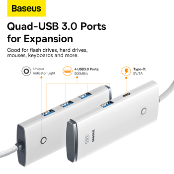 Baseus Adapter HUB - Typ C na 4xUSB3.0 - 2 metry (WKQX030502) biały