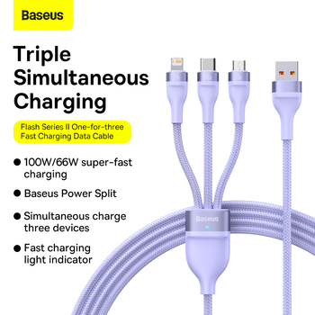 Baseus Kabel Flash Series II 3 w 1 - USB na Typ C, Lightning, Micro USB - 100W 6A 1,2 metra (CASS030005) fioletowy