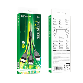 Borofone Kabel BX72 3 w 1 - USB na Typ C, Micro USB, Lightning - 2A 1 metr czarny