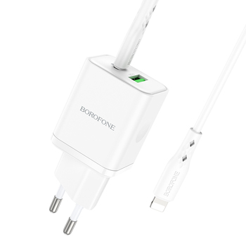 Borofone Ładowarka sieciowa BN7 - USB + Typ C - QC 3.0 PD 20W z kablem Typ C na Lightning biała