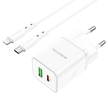 Borofone Ładowarka sieciowa BN7 - USB + Typ C - QC 3.0 PD 20W z kablem Typ C na Lightning biała