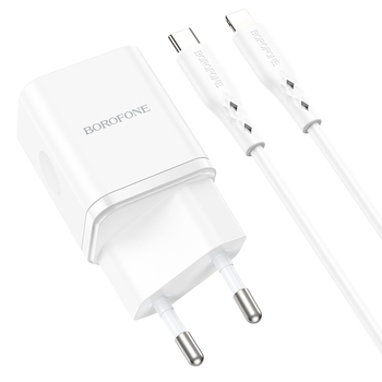 Borofone Ładowarka sieciowa BN7 - USB + Typ C - QC 3.0 PD 20W z kablem Typ C na Lightning biała