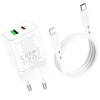 Borofone Ładowarka sieciowa BN7 - USB + Typ C - QC 3.0 PD 20W z kablem Typ C na Lightning biała