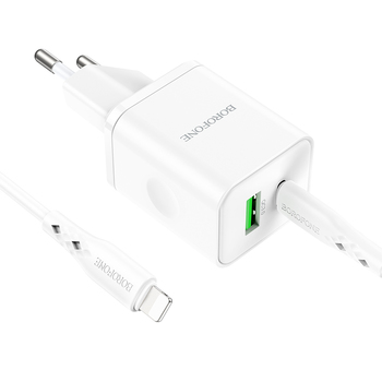 Borofone Ładowarka sieciowa BN7 - USB + Typ C - QC 3.0 PD 20W z kablem Typ C na Lightning biała