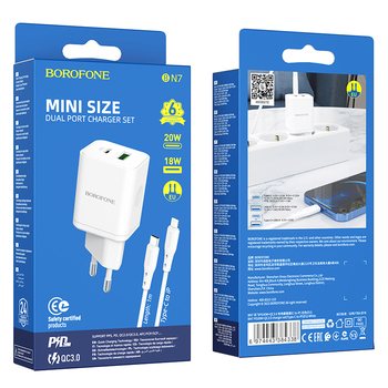 Borofone Ładowarka sieciowa BN7 - USB + Typ C - QC 3.0 PD 20W z kablem Typ C na Lightning biała
