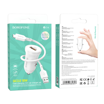 Borofone Ładowarka samochodowa BZ18 - USB - QC 3.0 18W z kablem USB na Micro USB biała