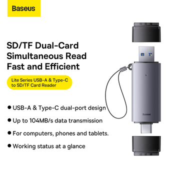 Baseus Czytnik kart pamięci Lite Series SD/microSD - USB 3.0 + Typ C - (WKQX060113) szary