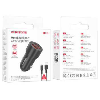 Borofone Car charger BZ19 Wisdom - 2xUSB - 12W with USB to Lightning cable black