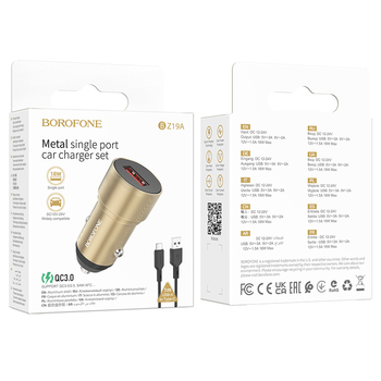 Borofone Car charger BZ19A Wisdom - USB - QC 3.0 18W with USB to Type C cable gold