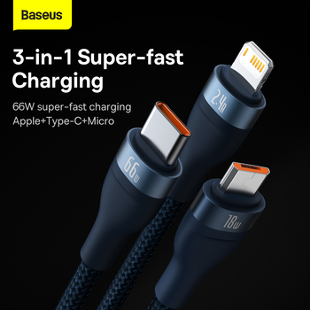 Baseus Cable Flash Series II 3 in 1 - USB to Type C, Lightning, Micro USB - 66W 6A 1,2 metres (CASS040003) blue