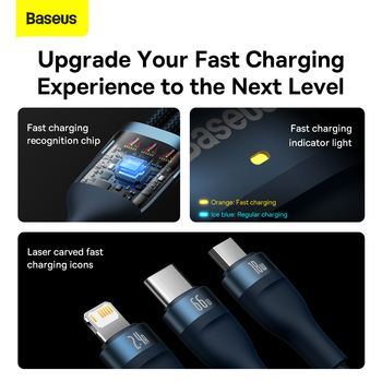 Baseus Cable Flash Series II 3 in 1 - USB to Type C, Lightning, Micro USB - 66W 6A 1,2 metres (CASS040003) blue