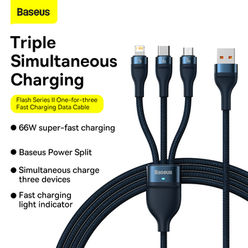 Baseus Cable Flash Series II 3 in 1 - USB to Type C, Lightning, Micro USB - 66W 6A 1,2 metres (CASS040003) blue
