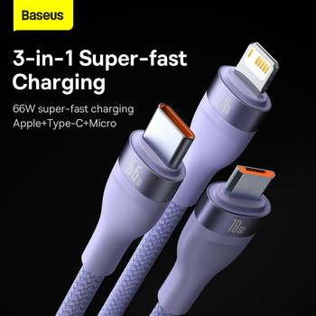 Baseus Cable Flash Series II 3 in 1 - USB to Type C, Lightning, Micro USB - 66W 6A 1,2 metres (CASS040005) purple