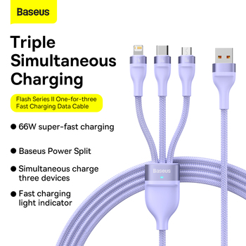Baseus Cable Flash Series II 3 in 1 - USB to Type C, Lightning, Micro USB - 66W 6A 1,2 metres (CASS040005) purple