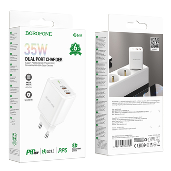 Borofone Wall charger BN9 Reacher - 2xType C - QC 3.0 PD 35W white