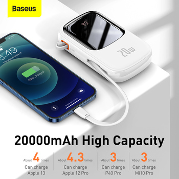 Baseus Power Bank 20000mAh Qpow Pro - USB + Type C - PD 20W with Lightning cable (PPQD060202) white