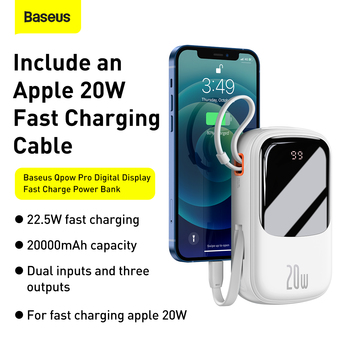 Baseus Power Bank 20000mAh Qpow Pro - USB + Type C - PD 20W with Lightning cable (PPQD060202) white