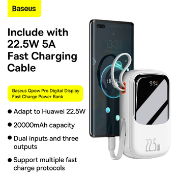 Baseus Power Bank 20000mAh Qpow Pro - USB + Type C - PD 22,5W with Type C cable (PPQD060302) white