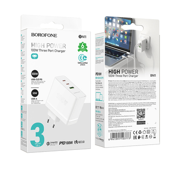 Borofone Wall charger BN11 Imperial - USB + 2xType C - QC 3.0 PD 100W white