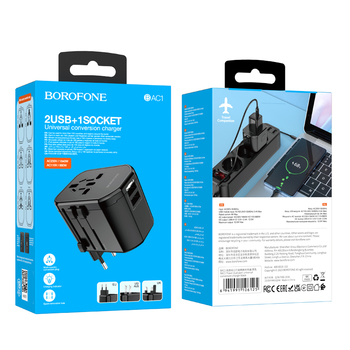 Borofone Adapter sieciowy ładowarki BAC1 - 2xUSB - USA, UK, EU, AU czarny
