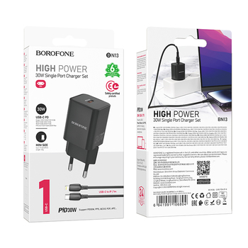 Borofone Ładowarka sieciowa BN13 Safety GaN - Typ C - PD 30W z kablem Typ C na Lightning czarna