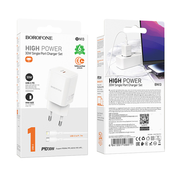 Borofone Wall charger BN13 Safety GaN - Type C - PD 30W with Type C to Lightning cable white