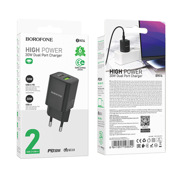 Borofone Wall charger BN14 Royal GaN - USB + Type C - QC 3.0 PD 30W black