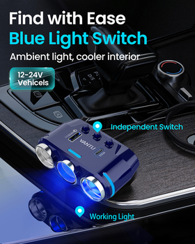 Rozdzielacz gniazda zapalniczki B39-C - 3 gniazda + USB + Typ C - QC 3.0 PD 3A 120W z wyświetlaczem i kablem