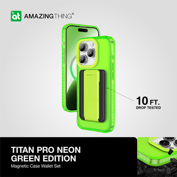 Amazing Thing Titan Pro Neon Mag Wallet Case 10FT IP156.1PTWGN for Iphone 15 Pro green with stand