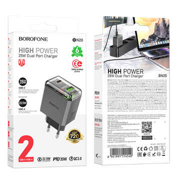 Borofone Wall charger BN20 Lena - USB + Type C - PD 35W grey